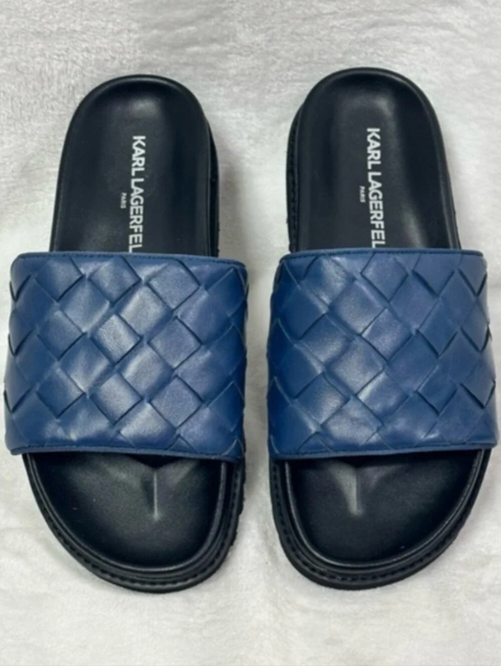KARL LAGERFELD PARIS Blue Woven Leather Slide LF1S2124 Sandal Mens SZ 11 /44